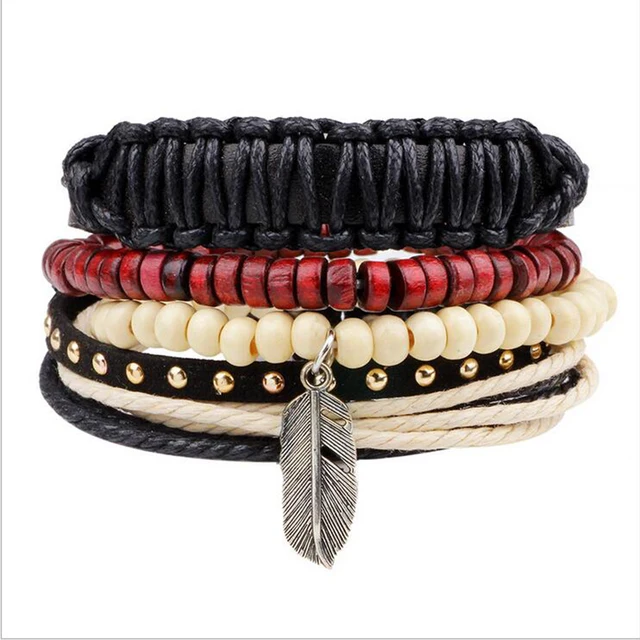 Lika New Design Homemade Bracelet Alloy Feather Bracelets For Lika New Design Homemade Bracelet Alloy Feather Bracelets For Men Beads Wrist Band Cuff Leather Red Wooden