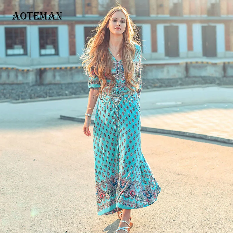 

Casual Autumn Summer Dress Women 2019 Elegant Print Long Dresses Female Vintage Sexy V Neck Boho Beach Party Dress Plus Size 5XL