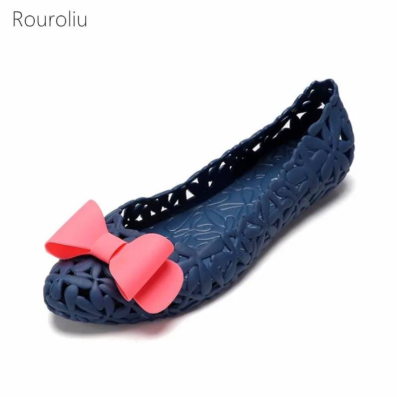 

Rouroliu Women Non-Slip Hollow Out Beach Hole Shoes Flat Platform Slip-On Shoes Female Summer Bowknot Sandals Woman FR47