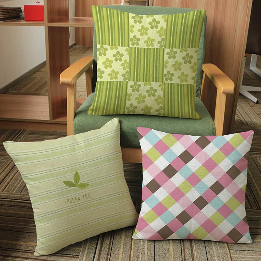 

Green Pastoral Leaves Geometric Checks Home Decor Sofa Throw Pillow Case Cotton Linen Cushion Cover For Living Room 45x45cm