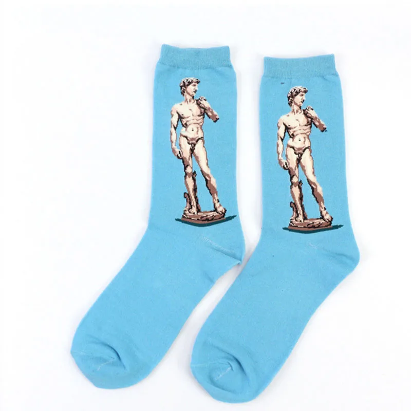 Осень Зима Ретро Женщины Личность Искусство Ван Гог Фреска всемирно известная серия масляной живописи забавные мужские носки - Цвет: Light blue