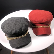 HT1912 Осенняя гладкая Кепка берет шляпа Женская цепочка военные шапки-береты британский стиль художника берет художника Кепка винтажная кепка газетчика