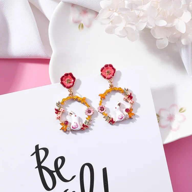 

2018 Simple All Match Drop Oil Multi-element Earrings Lovely Rabbit Flower Plants Pendientes Mujer Moda Earrings For Women Gift
