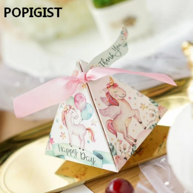 30 Pz Bella Piramide Triangolare Cartoon Unicorn Candy Scatole Bomboniere Bomboniere Baby Shower Festa Di Compleanno Regalo