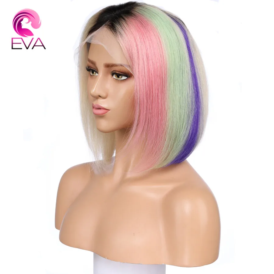 Colorful Short Bob Wigs Brazilian Straight Hair Bleached Knots Lace
