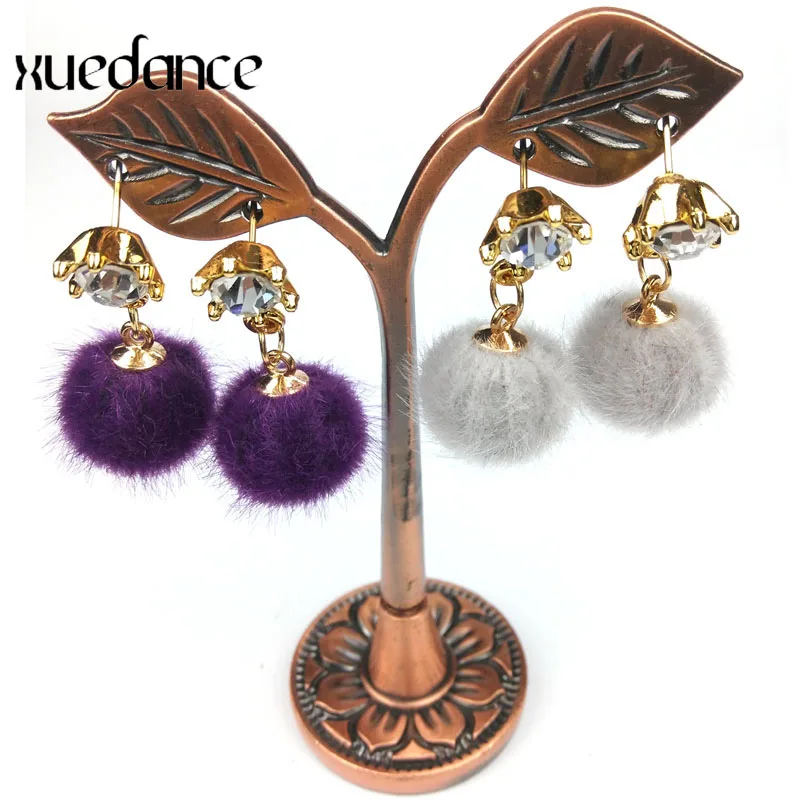 XUEDANCE Winter Korean trend new fur ball earrings temperament rhinestone earrings wild