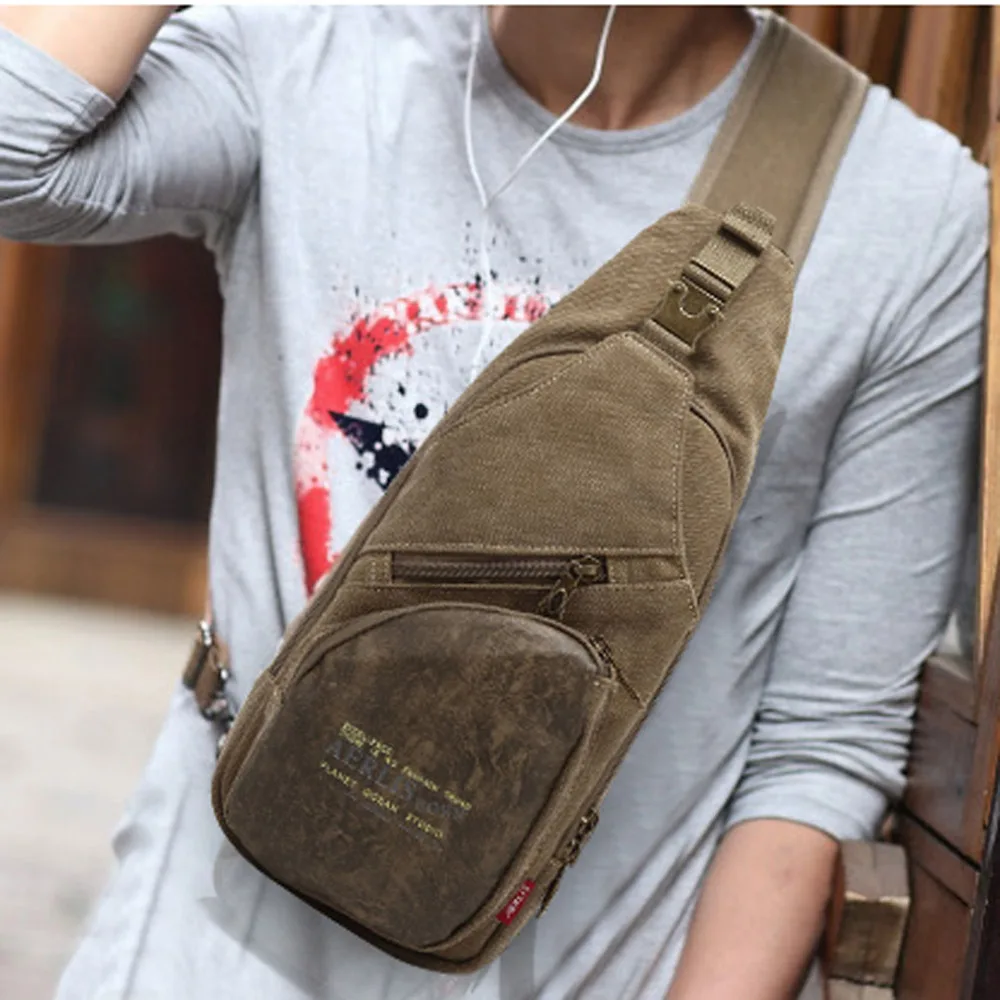 

Men Canvas With PU Leather Military Travel Riding Cross Body Messenger Shoulder Back Pack Sling Chest Bag