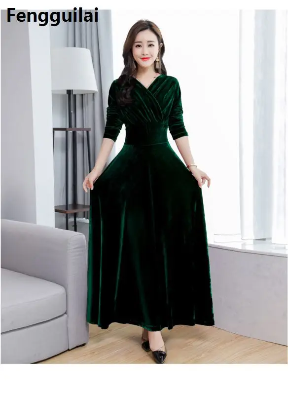 Плюс размер S-XXXL Женская одежда зимние макси платья Элегантное бархатное платье фиолетовое красное синее зеленое винтажное теплое зимнее платье - Цвет: 211green