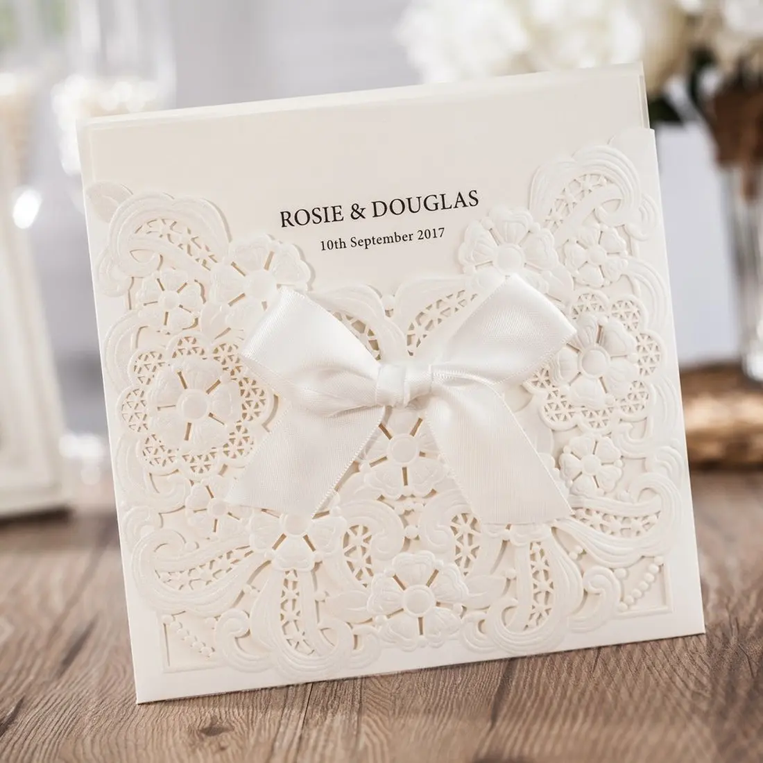  White Laser Cut Wedding Invitations Ribbon Wedding Cards Birthday Card Matched with RSVP & Thank Yo - 32989080991