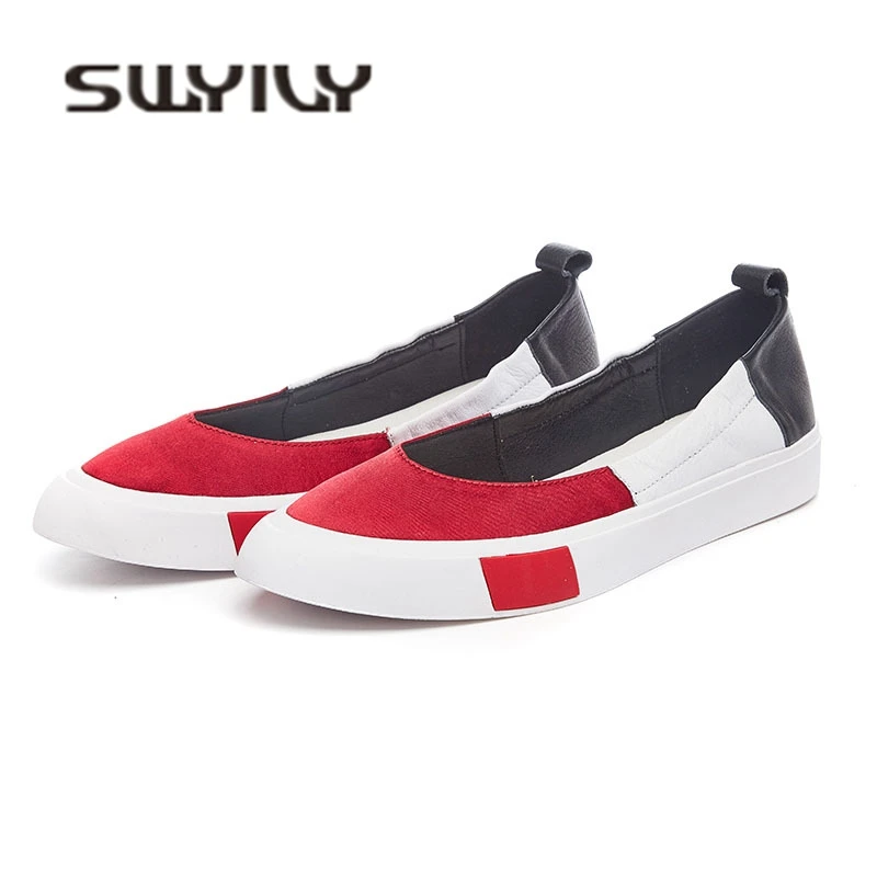 

SWYIVY Genuine Leather Flats Casual Shoes Shallow Mouth 2018 Autumn Female Sneakers Pointed Toe Slip On Lazy Flats Shoes Woman