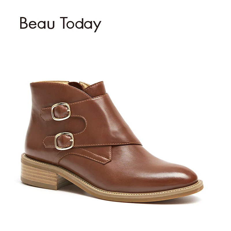 

BeauToday Ankle Boots Women Buckles Top Brand Quality Genuine Cow Leather Zipper Closure Fashion Lady Shoes 03257