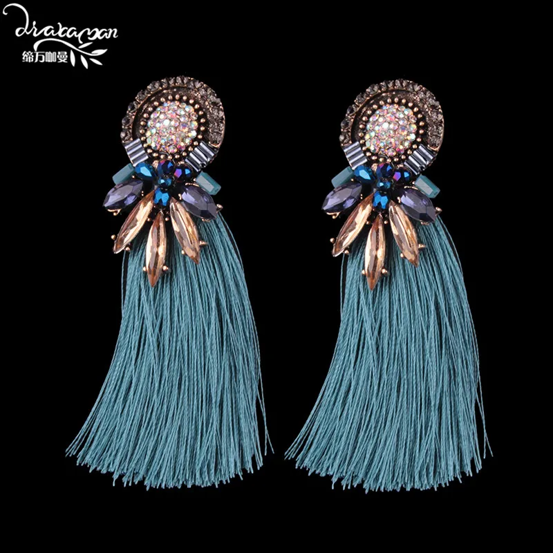 Бренд Dvacaman, модные серьги-капли с кристаллами в виде цветов, женские серьги в стиле бохо с длинным помпоном, серьги с кисточками, вечерние, свадебные, массивные ювелирные изделия, RR85 - Окраска металла: blue