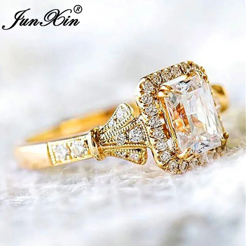 

JUNXIN Boho Square Crystal Yellow Gold Rings For Women White Zircon Stone Wedding Bands Female Vintage Engagement Ring Jewelry