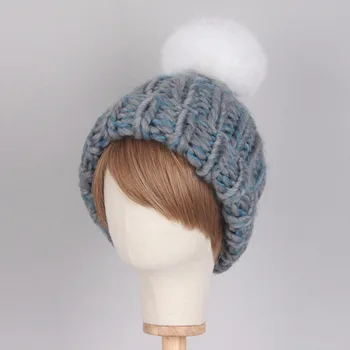 

ETHEL ANDERSON Women Knitted Hats Handmade Real Fox Fur Pompom Raccoon Fur Ball Hats Caps Gilrs Warm Skullies Beanies Removable