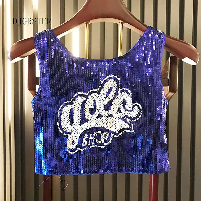 

DJGRSTER Women Stage Performance Tops Sequined Letter Sexy Girl Hip Hop clothing Female Costumes Loose jazz Dance Shirts