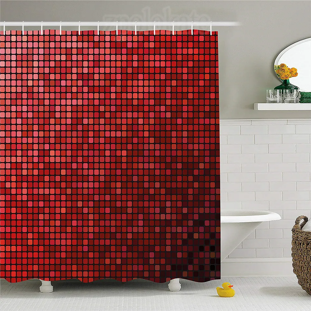 Maroon Shower Curtain Abstract Mosaic Grid Ombre Pattern Pixels Digital