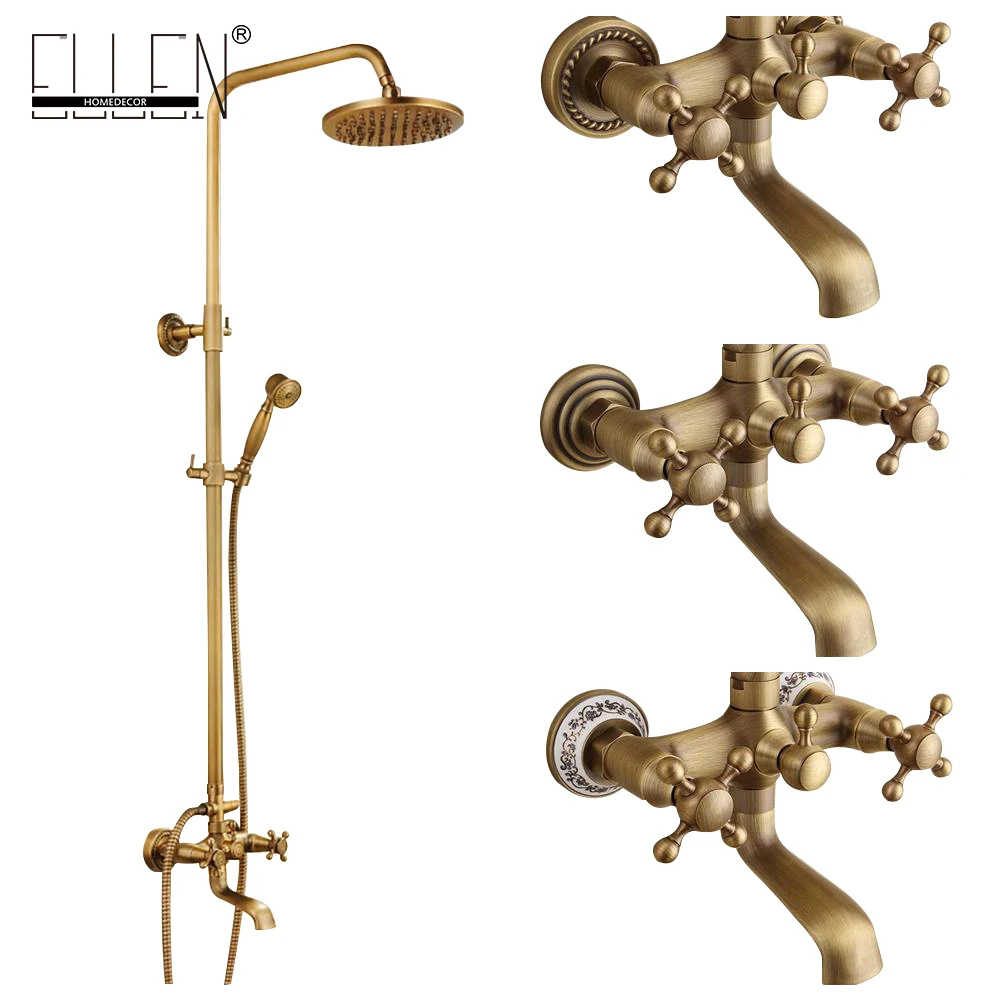 Antique rain shower faucets set with hand shower brass wall mounted shower mixer for bathroomin