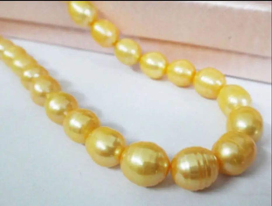 

Hot selling free shipping*******SURPRISING 17" 11-13MM SOUTH SEA GOLDEN NATURAL PEARL NECKLACE YELLOW GOLD