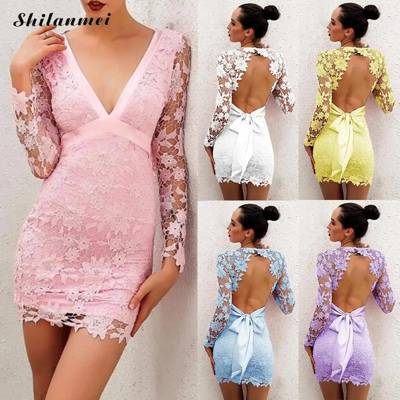 

Bodycon Dress Women Sexy Lace Sheath Dresses V Neck Hollow Floral Elegant Lace Up Backless Party Vestidos Yellow White Short
