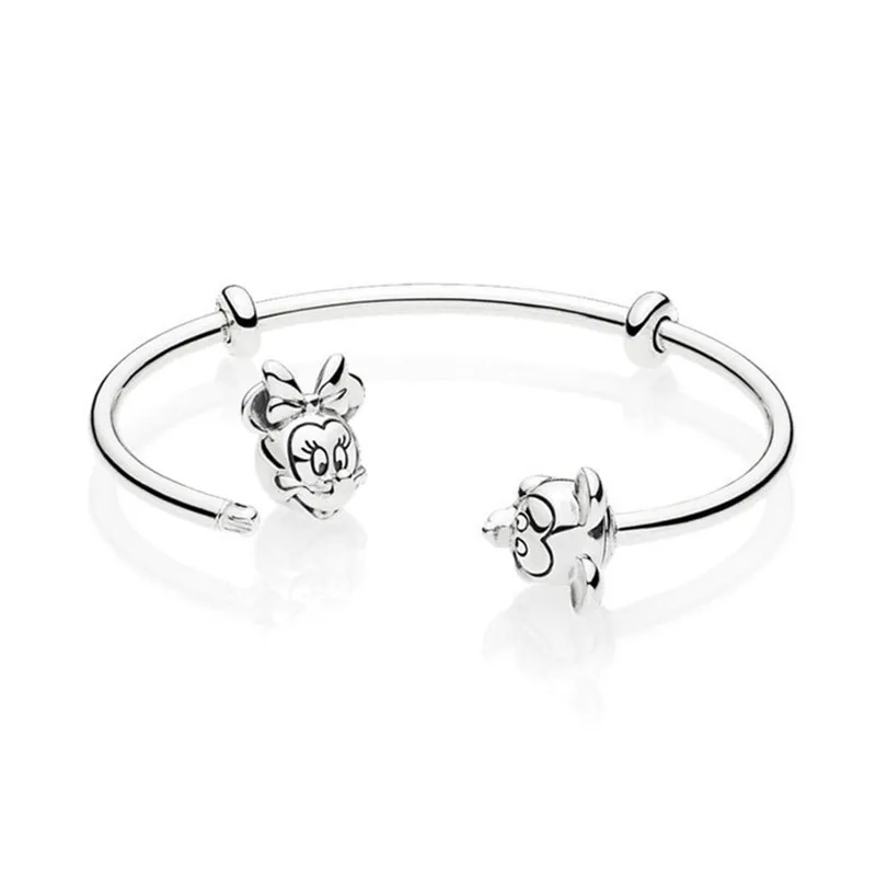 

925 Sterling Silver Bead Charm Bracelet Fit Original Signature Mickey And Minnie Pandora Open Bangle For Women DIY Jewelry Gift