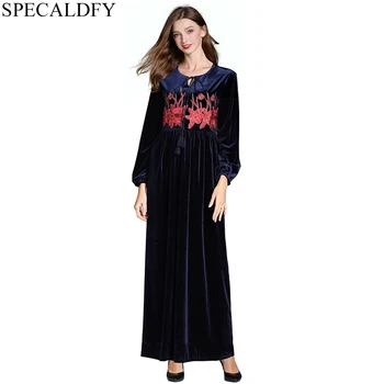 

2020 Spring Ethnic Bohemian Dress Women Long Sleeve Vintage Floral Embroidery Long Maxi Dress Winter Velvet Dresses Plus Size