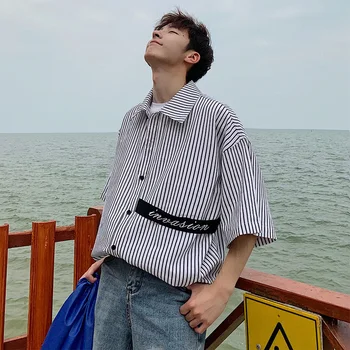 

2019 Summer Korean Version Of The Tide Male Comfort Maple Leaf Art Striped Explosions Small Fresh Loose Casual Shirt