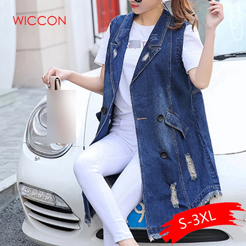 

Spring Autumn Women Streetwear Cowboy Denim Jacket Female Vintage Sleeveless Long Jeans Jacket Vest Ladies Plus Size 3XL