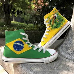 Вэнь унисекс расписанный вручную дизайн обуви пользовательский флаг Бразилии птица зеленый Крылатый Macaw высокие холщовые кроссовки