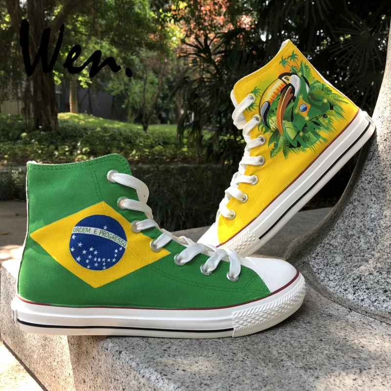 Wen Unisex Hand Painted Shoes Design Custom Brazil Flag Bird Green