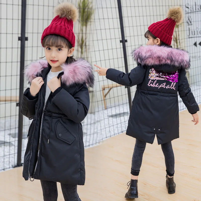 

Children Clothes Faux Big Fur Hooded Long Coat Design Down Cotton Jacket Parkas Russia Winter Clothing Overcoat