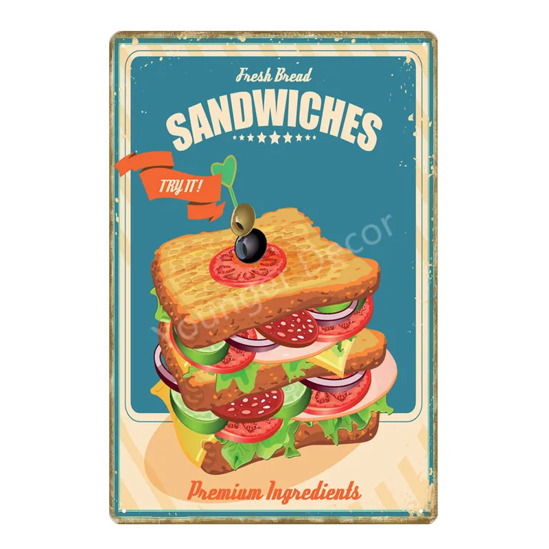 Вкусное время завтрака, обеда, Кухонное украшение для дома, фаст-фуд, меню, сэндвичи, хлеб, настенный плакат, винтажная металлическая жестяная вывеска YD058 - Цвет: YD1326D