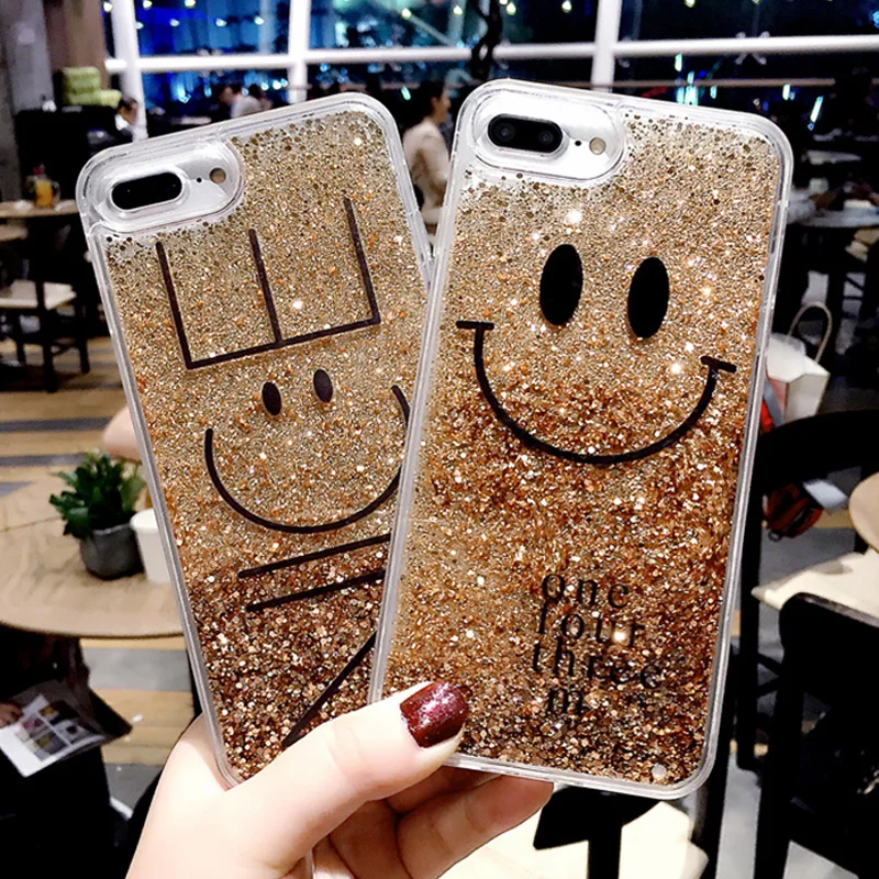 

Glitter Quicksand Case For iPhone X 8 8Plus 7 7Plus 6 6s 6Plus Smile Pattern Hard PC Back Cover For iPhone X XR XS Case Capinha