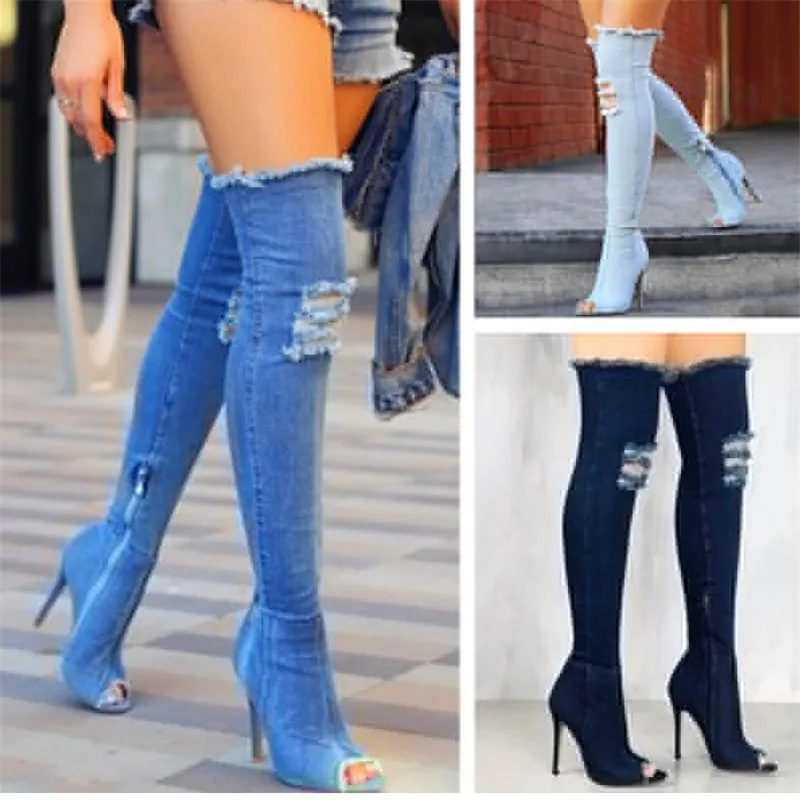 

Fashion Blue Denim Long Street Over-the-knee Open Toe Retro Style Stiletto Heel Sexy Jeans Boots 2017 Woman Shoes Free Shipping