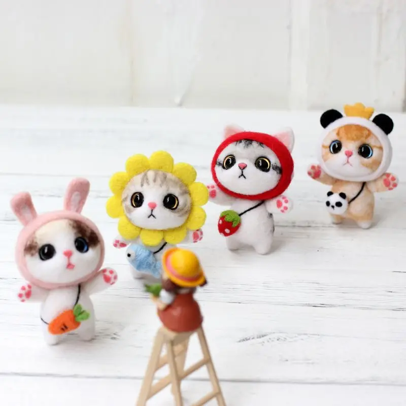 

Cat Doll With Strawberry Panda Wool Felt Craft DIY Non Finished Poked Set Handcraft Kit For Needle Material Bag Pack