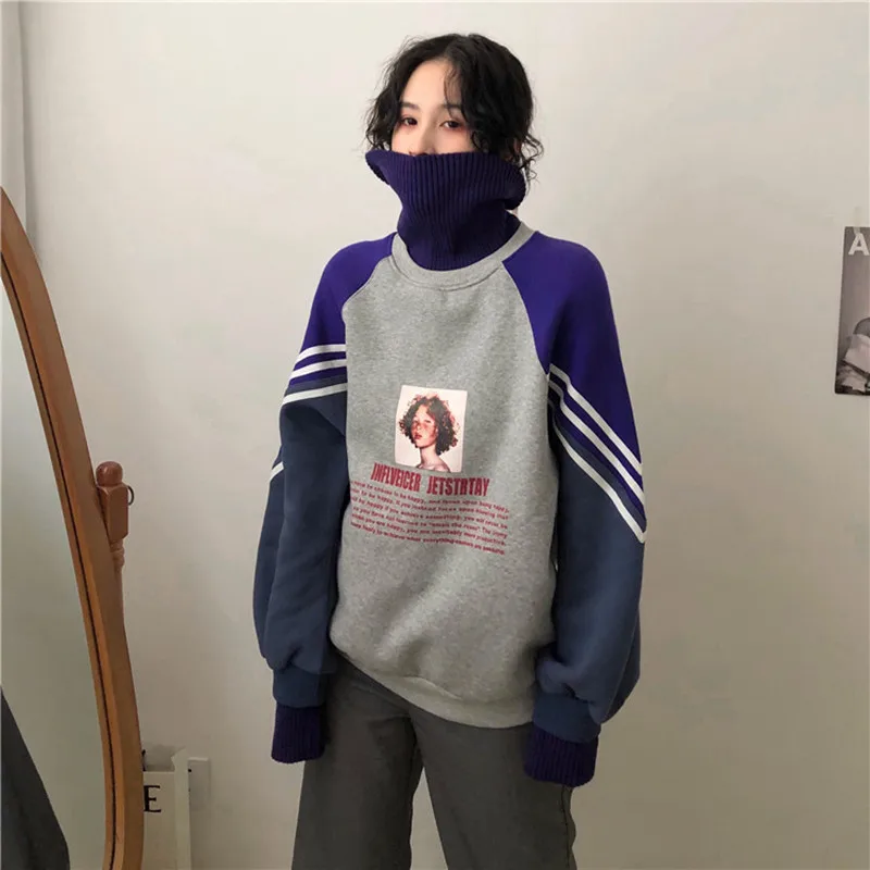 Женские свободные пуловеры с высоким воротом, толстовки с принтом, осенне-зимние корейские модные утепленные толстовки Harajuku Clothin
