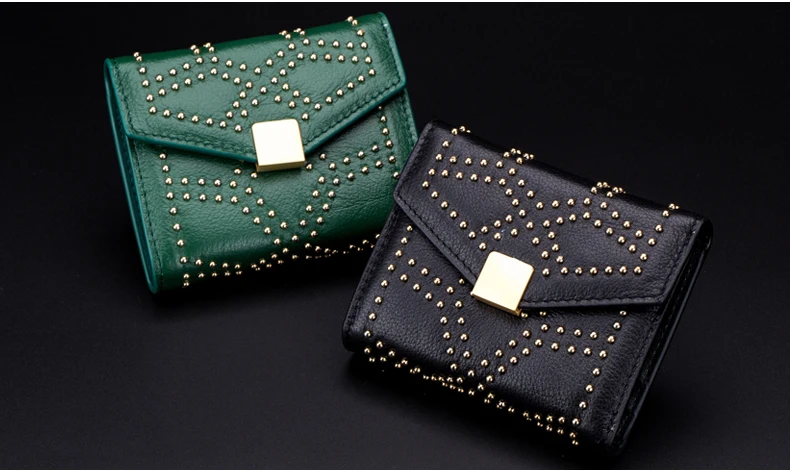 Lomelobo Ladies Rivets Small Wallet Genuine Cow Leather Women Three-Fold Short Personality Wallet Girls Credit Card Holder Purse HPL2627-1 Details (12)