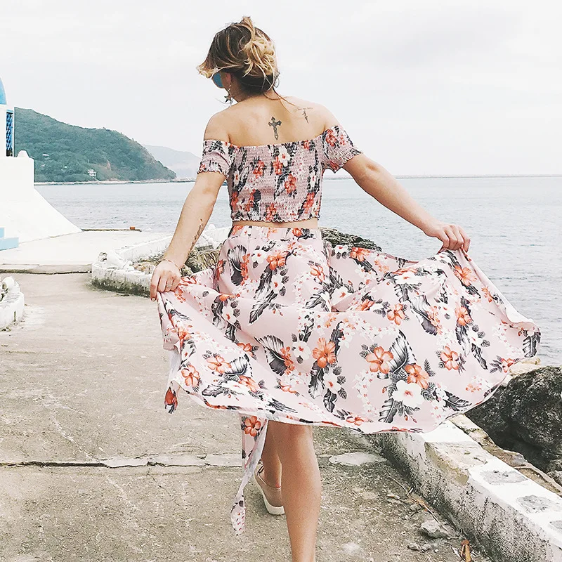 

Women's beach dress summer sexy fashion casual two-piece suit one shoulder short-sleeved printed chiffon bohemian beach dress