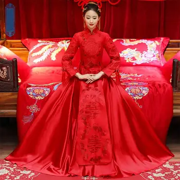 

Luxury Tassel Women Satin Cheongsam Bride Wedding Dress Embroidery Print Flower Qipao Toast Clothing Elegant Exquisite Vestidos