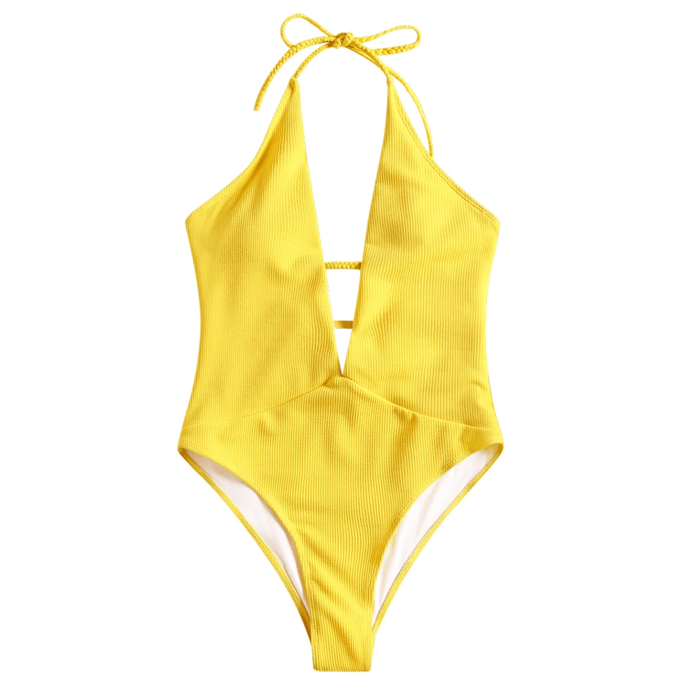 ZAFUL One Piece Plunge Neckline Ribbed Plaited Swimwear Women Swimsuit