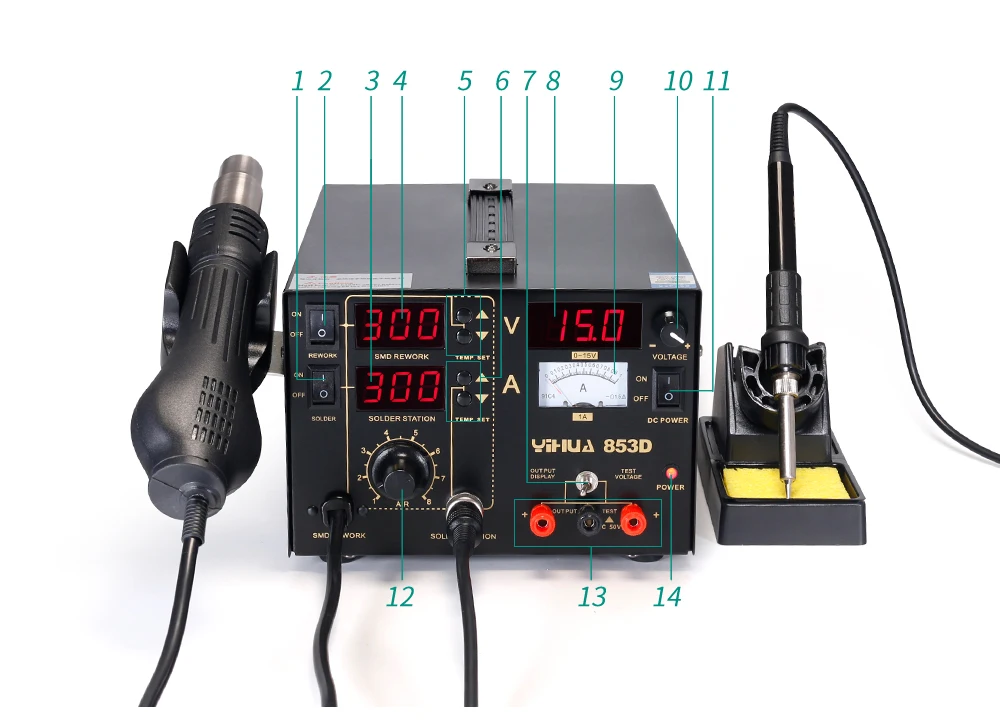 YIHUA 853D паяльник станция с фена паяльная станция DC источник питания 3 в 1 паяльник инструмент