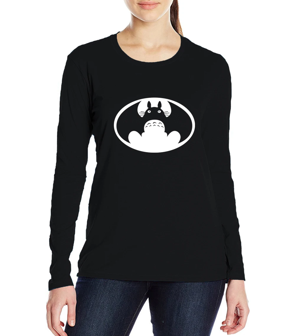 

2017 spring fall cute kawaii Totoro batman printed t shirt casual o-neck t-shirt women harajuku Cartoon Top clothing long sleeve