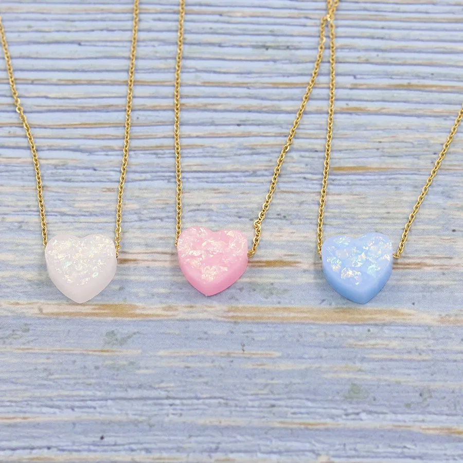 

Fnixtar Gold Color Stainless Steel 12mm Heart Opal Pendant Necklace Synthetic Opal Necklace 45cm+5cm extender 2Piece/lot