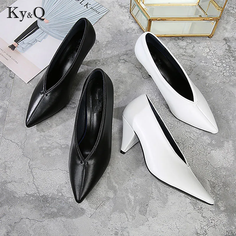 

2018 Summer European Ameican Sexy Point Toe Black White Dress Shoes Deep V Design Women Footwear Chunky Lady Wedges Sandal Shoes