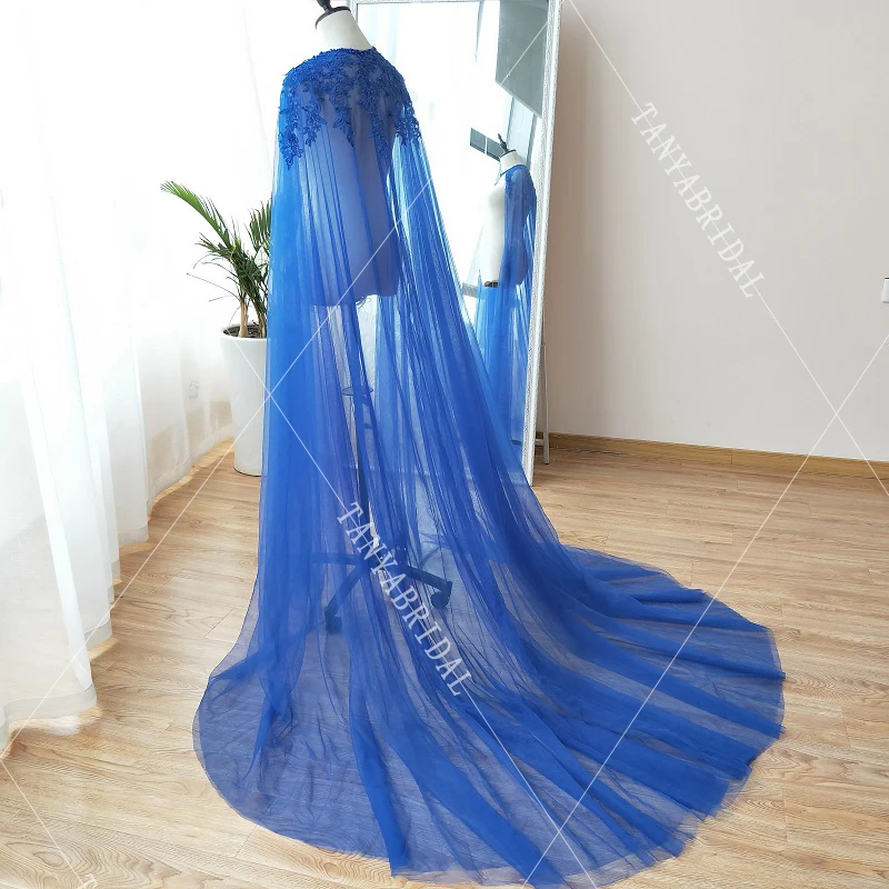 Blue Tulle Wedding Cape Gorgeous Beaded Pearls Lace Elegant Women Formal shawl Long Jacket DJ010