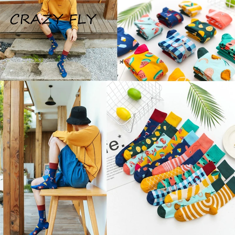 Магазин Crazy Fly Новые горячие счастливые мужские носки мультфильм Мороженое хлопковые носки мягкие дышащие женские цветные носки повседневные забавные носки Sox