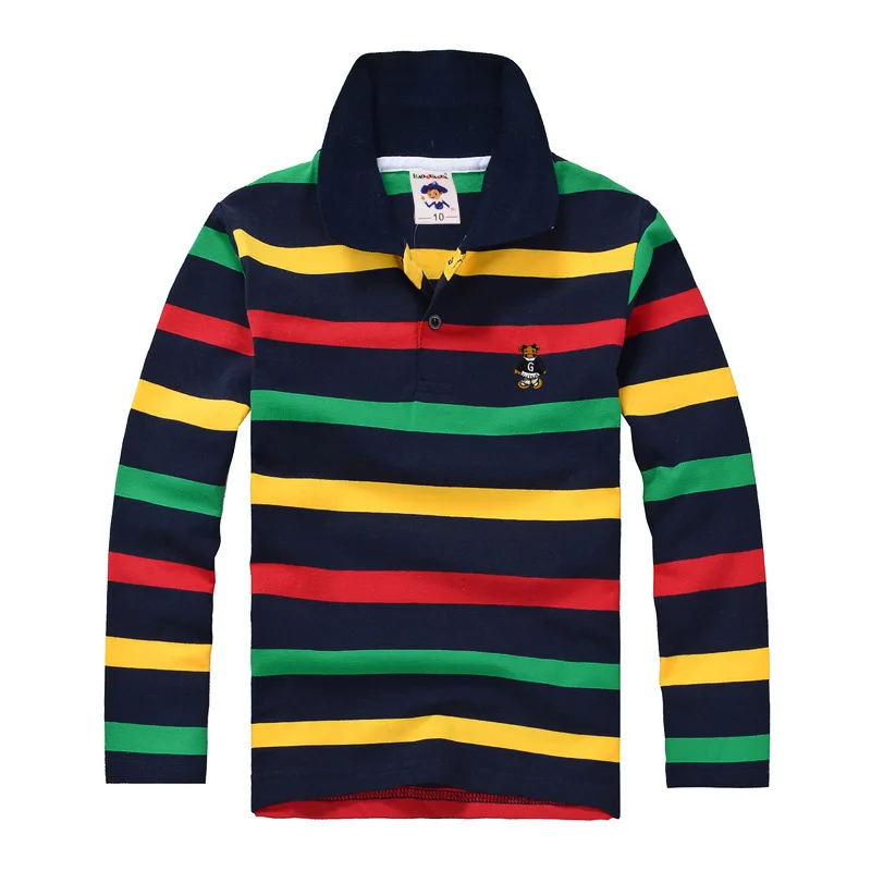 High quality 4-12 years old boy polo shirt long sleeve shirt lapel round neck striped solid color cotton T-shirt