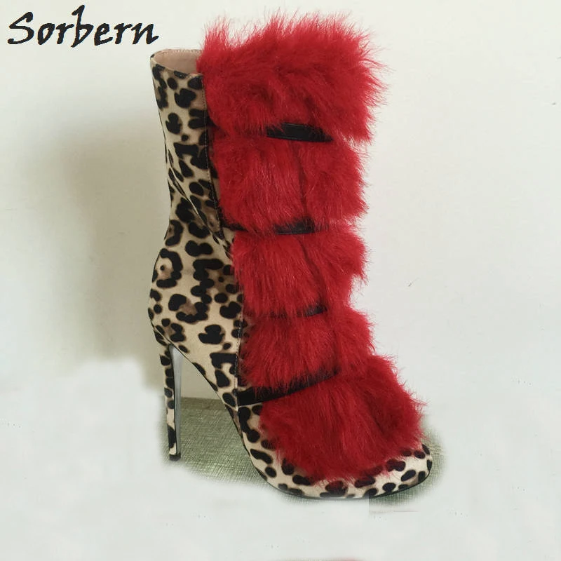 

Sorbern Leopard Red Fur Ankle Boots Women Winter Shoes Ladies High Heels Small Toes Custom Short Boots Ladies Large Size 33-46