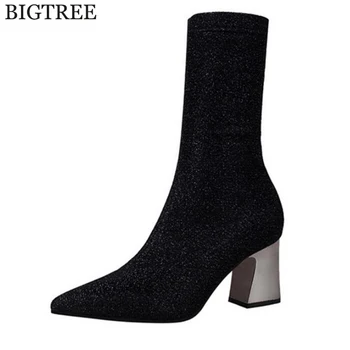 

2017 Winter Women's Boots Pointed Toe Yarn Elastic Ankle Boots Thick Heel High Heels Shoes Woman Female Socks Boots k530