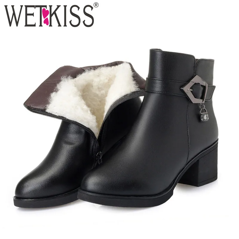 

WETKISS High Heels Ankle Women Boots Round Toe Crystal Footwear Platform Warm Wool Snow Female Boot Leather Shoes Woman Winter