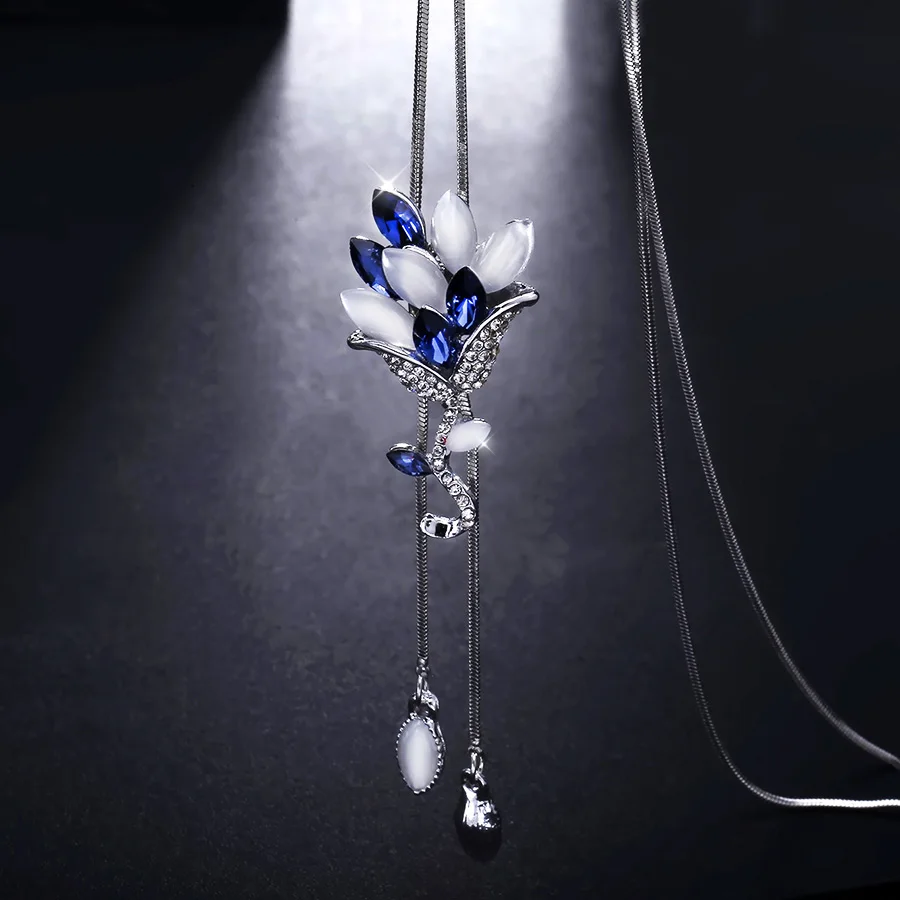 RAVIMOUR Модное Длинное ожерелье с голубыми кристаллами и цветами для женщин, цепочка для свитера, опал, чокер, ожерелье, подвеска, аксессуары, новинка